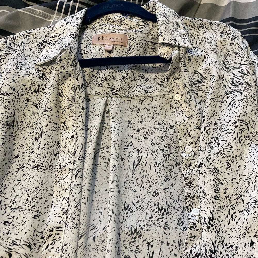 White and black print button up